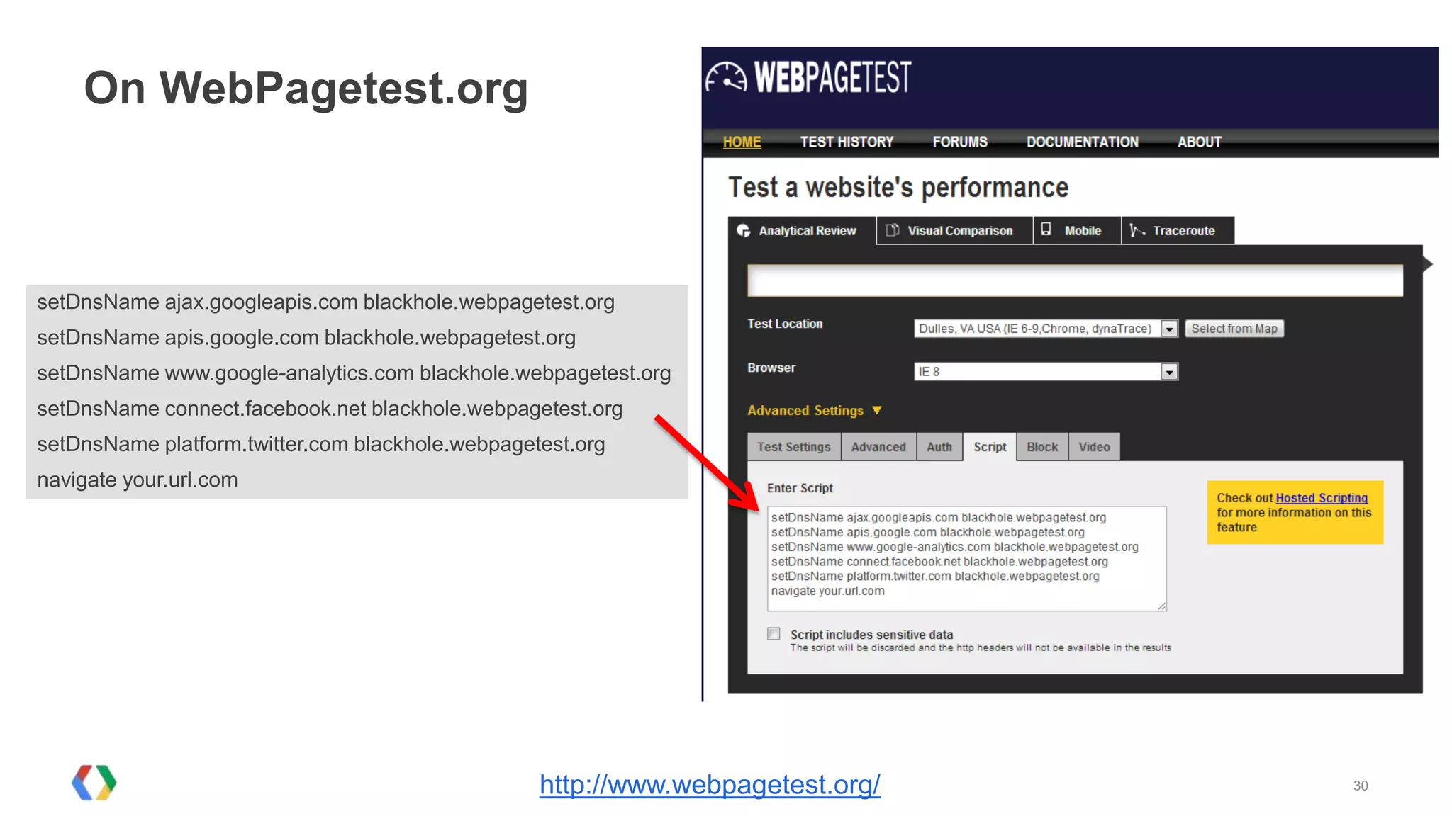On WebPagetest.org



setDnsName ajax.googleapis.com blackhole.webpagetest.org
setDnsName apis.google.com blackhole.webpagetest.org
setDnsName www.google-analytics.com blackhole.webpagetest.org
setDnsName connect.facebook.net blackhole.webpagetest.org
setDnsName platform.twitter.com blackhole.webpagetest.org
navigate your.url.com




                                                  http://www.webpagetest.org/   30
 