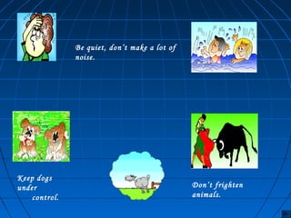 Be quiet, don’t make a lot of 
noise. 
Keep dogs 
under 
control. 
Don’t frighten 
animals. 
 