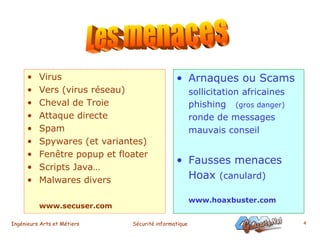 Virus Vers (virus réseau) Cheval de Troie Attaque directe Spam Spywares (et variantes) Fenêtre popup et floater Scripts Java… Malwares divers www.secuser.com Arnaques ou Scams sollicitation africaines phishing  (gros danger) ronde de messages mauvais conseil Fausses menaces  Hoax  (canulard) www.hoaxbuster.com Les menaces 