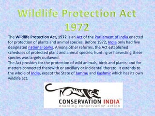 The Wildlife Protection Act, 1972 is an Act of the Parliament of India enacted
for protection of plants and animal species. Before 1972, India only had five
designated national parks. Among other reforms, the Act established
schedules of protected plant and animal species; hunting or harvesting these
species was largely outlawed.
The Act provides for the protection of wild animals, birds and plants; and for
matters connected therewith or ancillary or incidental thereto. It extends to
the whole of India, except the State of Jammu and Kashmir which has its own
wildlife act.
 