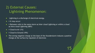 2) External Causes:
Lightning Phenomenon:
 Lightning is a discharge of electrical energy.
 It may occur:
 Between cells in the same storm as Inter cloud Lightning or within a cloud
as Intra cloud Lightning (80%)
 Cloud to Air (1%)
 Cloud to Ground (19%)
 The strong negative charge at the base of the thunderstorm induces a positive
charge at the surface by repulsion of electrons
15
 
