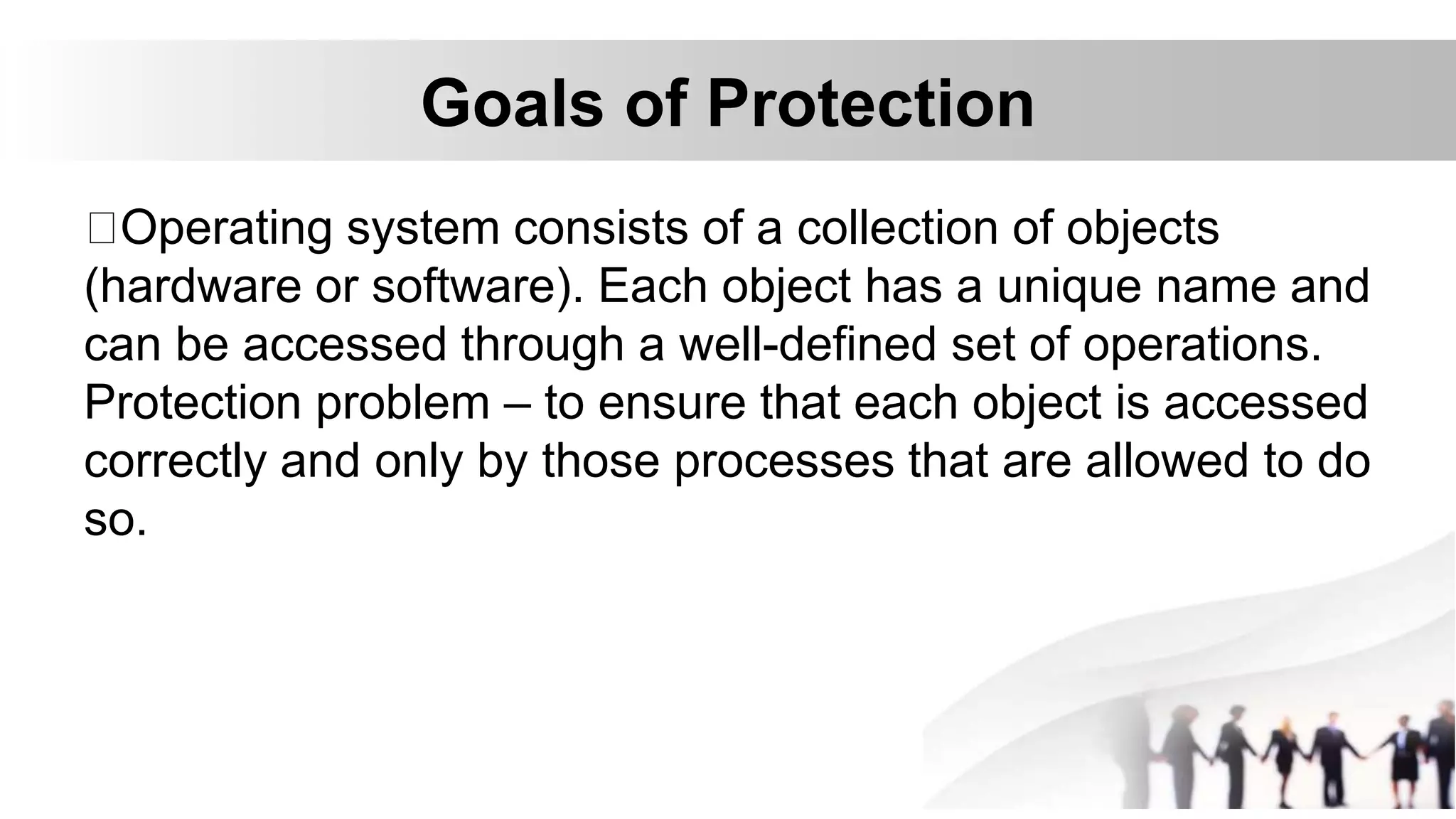 Goals of Protection
Operating system consists of a collection of objects
(hardware or software). Each object has a unique name and
can be accessed through a well-defined set of operations.
Protection problem – to ensure that each object is accessed
correctly and only by those processes that are allowed to do
so.
 