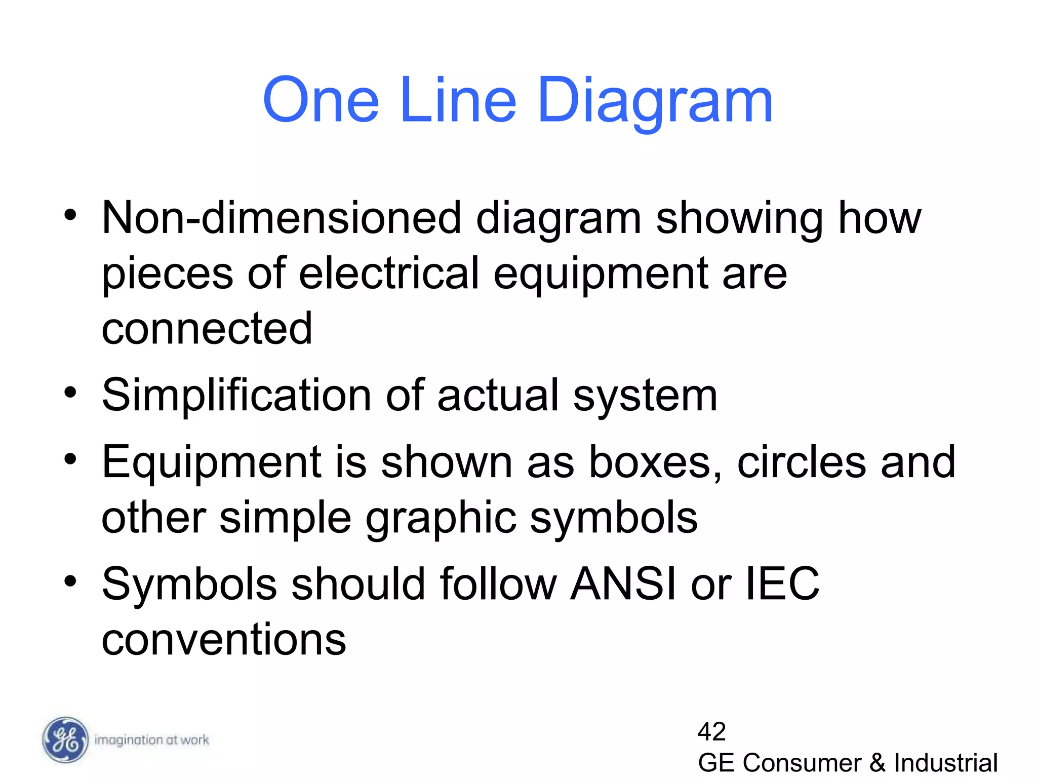42
GE Consumer & Industrial
One Line Diagram
• Non-dimensioned diagram showing how
pieces of electrical equipment are
connected
• Simplification of actual system
• Equipment is shown as boxes, circles and
other simple graphic symbols
• Symbols should follow ANSI or IEC
conventions
 
