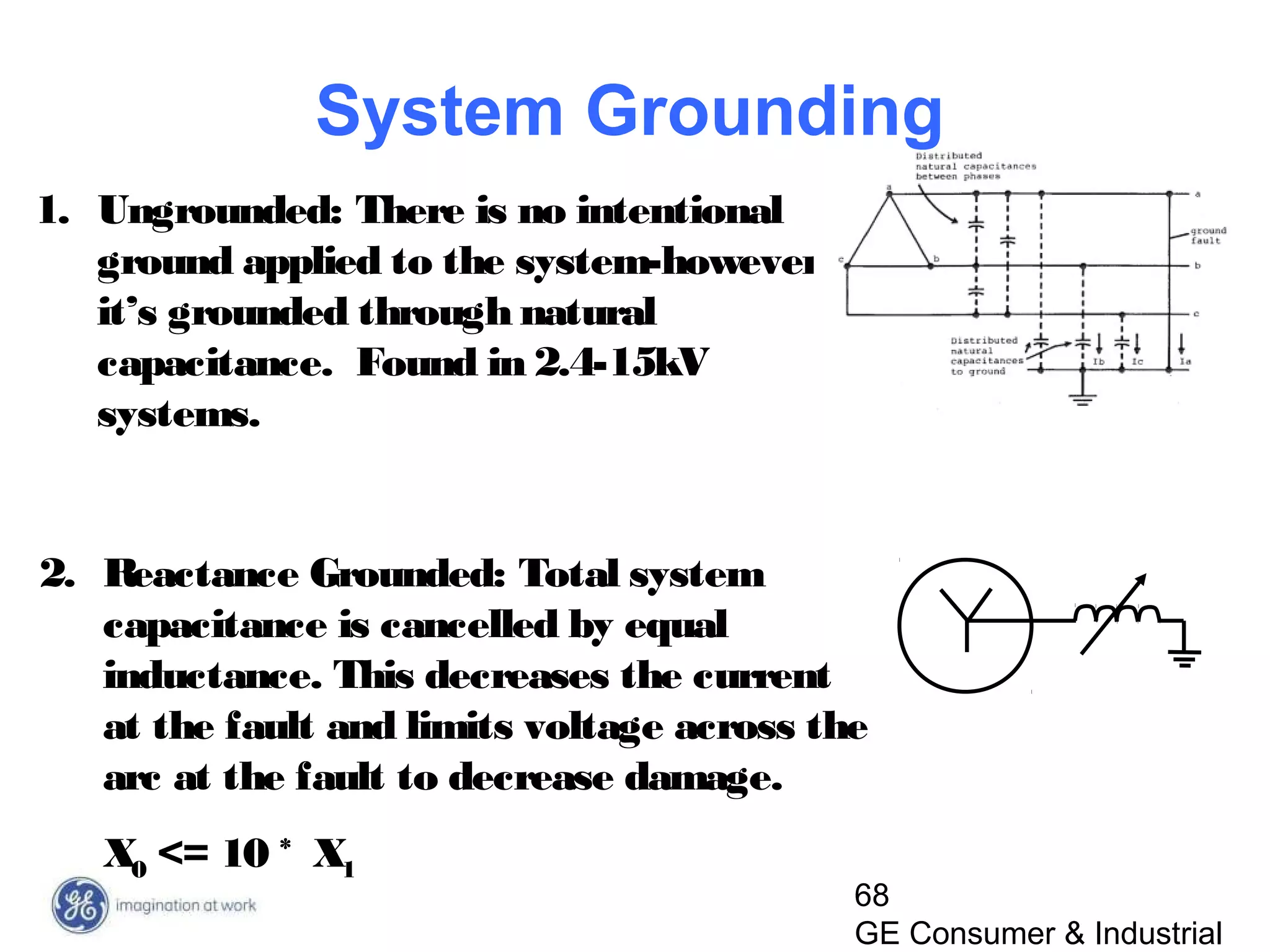 68
GE Consumer & Industrial
1. Ungrounded: There is no intentional
ground applied to the system-however
it’s grounded through natural
capacitance. Found in 2.4-15kV
systems.
2. Reactance Grounded: Total system
capacitance is cancelled by equal
inductance. This decreases the current
at the fault and limits voltage across the
arc at the fault to decrease damage.
X0 <= 10 * X1
System Grounding
 