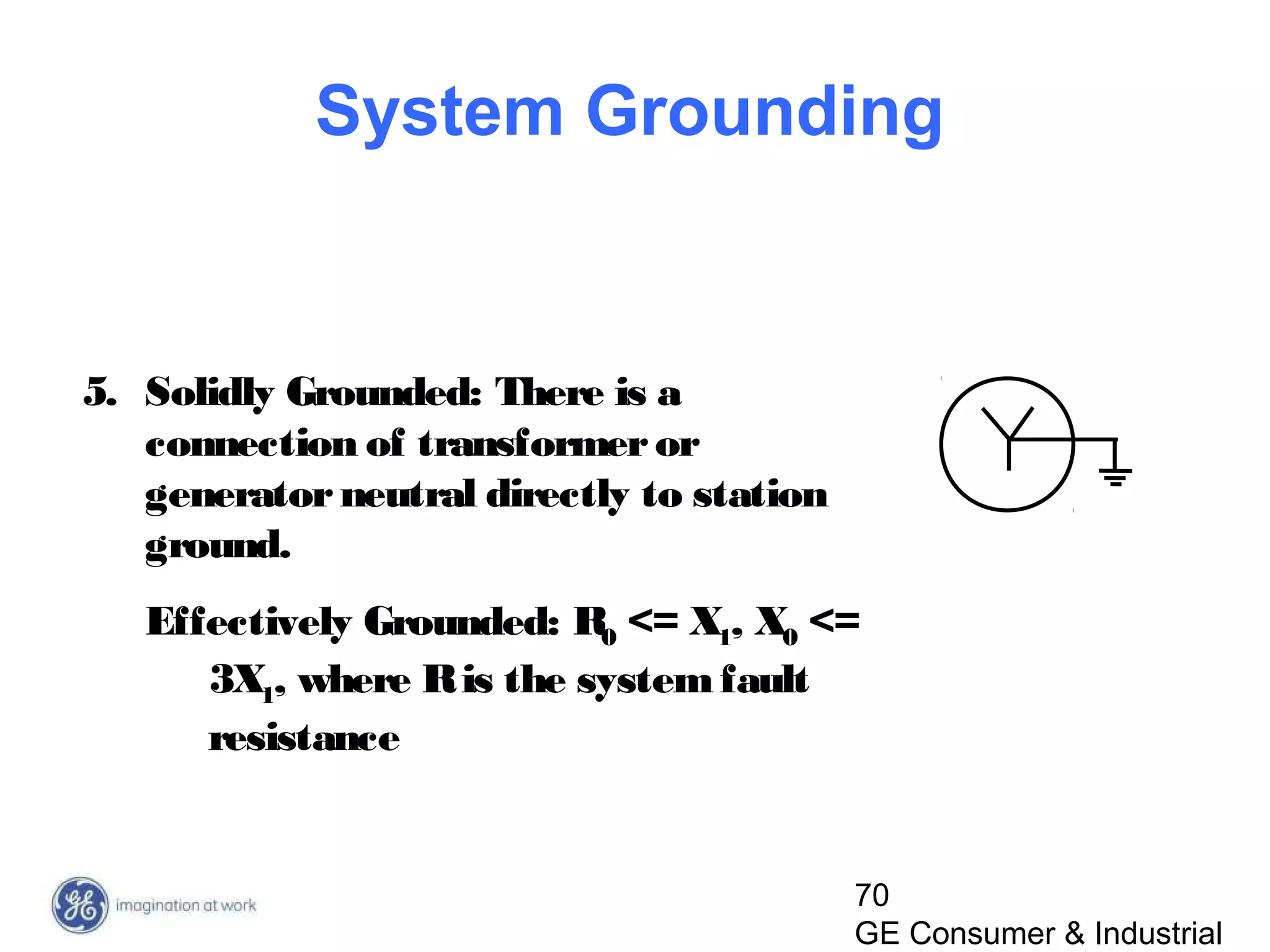 70
GE Consumer & Industrial
5. Solidly Grounded: There is a
connection of transformeror
generatorneutral directly to station
ground.
Effectively Grounded: R0 <= X1, X0 <=
3X1, where Ris the systemfault
resistance
System Grounding
 