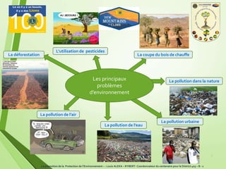 3
La déforestation
La pollution de l’air
La pollution de l’eau
Les principaux
problèmes
d’environnement
La pollution urbaine
La pollution dans la nature
La coupe du bois de chauffe
L’utilisation de pesticides
La promotion de la Protection de l’Environnement – : Louis ALEKA – RYBERT- Coordonnateur du centenaire pour le District 403 – B - 1
 