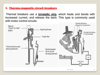 2. Thermo-magnetic circuit breakers
Thermal breakers use a bimetallic strip, which heats and bends with
increased current, and release the latch. This type is commonly used
with motor control circuits.
Dr Audih 21
 