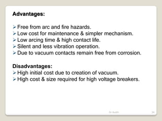 Advantages:
Free from arc and fire hazards.
Low cost for maintenance & simpler mechanism.
Low arcing time & high contact life.
Silent and less vibration operation.
Due to vacuum contacts remain free from corrosion.
Disadvantages:
High initial cost due to creation of vacuum.
High cost & size required for high voltage breakers.
Dr Audih 34
 