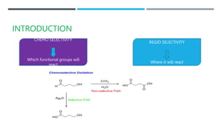 INTRODUCTION
CHEMO SELECTIVITY
Which functional groups will
react
REGIO SELECTIVITY
Where it will react
 