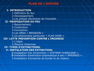 PLAN DE L’EXPOSE
I- INTRODUCTION
1-Définition du feu.
2-Développement.
3-Les phases dévolution de l’incendie.
II- PROPOGATION DU FEU
1-Rayonnement.
2-Conduction.
3-Convection.
4-Les effets « BRANDON ».
5-Un phénomène particulier « FLAS-OVER ».
III- LUTTE PREVENTION CONTRE L’INCENDIE
1-L’objet.
2-Moyens d’alarmes.
IV- TYPES D’EXTINCTIONS.
V- INSTALATION DES EXTINCTION:
1-Instalation fixe d’extinction « SYSTEME HURRICANE ».
2-Instalation d’extinction automatique à eau « SPRINKES ».
3-Instalation d’exutoires de fumée et de chaleur.
 