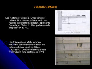 Plancher/Toitures:

Les matériaux utilisés pour les toitures
doivent être incombustibles, ce à quoi
répond parfaitement le béton, il présente
l’avantage d’éviter tout les problèmes de
propagation du feu.

La toiture de cet établissement
industriel est constitué de dalles de
béton cellulaire armé de 20 cm
d’épaisseur, doublé d’un revêtement
d’étanchéité auto protégé (SF=2h).

 