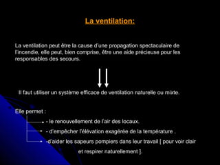La ventilation:
La ventilation peut être la cause d’une propagation spectaculaire de
l’incendie, elle peut, bien comprise, être une aide précieuse pour les
responsables des secours.

Il faut utiliser un système efficace de ventilation naturelle ou mixte.
Elle permet :
- le renouvellement de l’air des locaux.
- d’empêcher l’élévation exagérée de la température .
-d’aider les sapeurs pompiers dans leur travail [ pour voir clair
et respirer naturellement ].

 