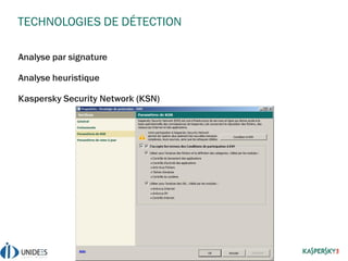 TECHNOLOGIES DE DÉTECTION
Analyse par signature
Analyse heuristique
Kaspersky Security Network (KSN)
 