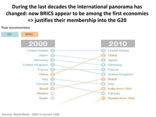 During the last decades the international panorama has
changed: now BRICS appear to be among the first economies
=> justifies their membership into the G20
 