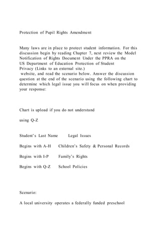 Protection of Pupil Rights Amendment
Many laws are in place to protect student information. For this
discussion begin by reading Chapter 7, next review the Model
Notification of Rights Document Under the PPRA on the
US Department of Education Protection of Student
Privacy (Links to an external site.)
website, and read the scenario below. Answer the discussion
question at the end of the scenario using the following chart to
determine which legal issue you will focus on when providing
your response:
Chart is upload if you do not understand
using Q-Z
Student’s Last Name Legal Issues
Begins with A-H Children’s Safety & Personal Records
Begins with I-P Family’s Rights
Begins with Q-Z School Policies
Scenario:
A local university operates a federally funded preschool
 