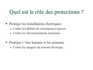 Quel est le rôle des protections ?
 Protéger les installations électriques
 Contre les défauts de conséquences graves
 Contre les fonctionnements anormaux
 Protéger l ’être humain et les animaux
 Contre les dangers du courant électrique
 
