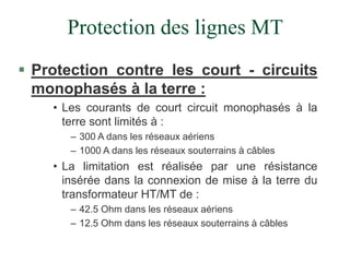 Protection des lignes MT
 Protection contre les court - circuits
monophasés à la terre :
• Les courants de court circuit monophasés à la
terre sont limités à :
– 300 A dans les réseaux aériens
– 1000 A dans les réseaux souterrains à câbles
• La limitation est réalisée par une résistance
insérée dans la connexion de mise à la terre du
transformateur HT/MT de :
– 42.5 Ohm dans les réseaux aériens
– 12.5 Ohm dans les réseaux souterrains à câbles
 