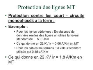 Protection des lignes MT
 Protection contre les court - circuits
monophasés à la terre :
 Exemple :
• Pour les lignes aériennes : En absence de
données réelles des lignes on utilise la valeur
standard de 5 F/Km
• Ce qui donne en 22 KV Ir = 0.06 A/Km en MT
• Pour les câbles souterrains :La valeur standard
utilisée est 0.15 F/Km
 Ce qui donne en 22 KV Ir = 1.8 A/Km en
MT
 