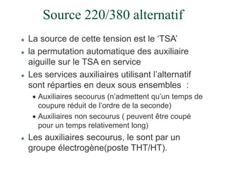 Source 220/380 alternatif
 La source de cette tension est le ‘TSA’
 la permutation automatique des auxiliaire
aiguille sur le TSA en service
 Les services auxiliaires utilisant l’alternatif
sont réparties en deux sous ensembles :
 Auxiliaires secourus (n’admettent qu’un temps de
coupure réduit de l’ordre de la seconde)
 Auxiliaires non secourus ( peuvent être coupé
pour un temps relativement long)
 Les auxiliaires secourus, le sont par un
groupe électrogène(poste THT/HT).
 