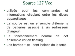 Source 127 Vcc
 utilisée pour les commandes et
informations circulant entre les divers
appareillages.
 La source est un ensemble d’éléments
de batteries associé à un redresseur
chargeur.
 Le fonctionnement normal de cet
ensemble est en floating .
 Les bornes + et - sont isolées de la terre
 