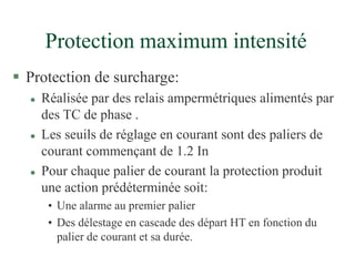 Protection maximum intensité
 Protection de surcharge:
 Réalisée par des relais ampermétriques alimentés par
des TC de phase .
 Les seuils de réglage en courant sont des paliers de
courant commençant de 1.2 In
 Pour chaque palier de courant la protection produit
une action prédéterminée soit:
• Une alarme au premier palier
• Des délestage en cascade des départ HT en fonction du
palier de courant et sa durée.
 