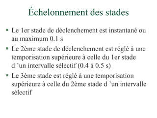 Échelonnement des stades
 Le 1er stade de déclenchement est instantané ou
au maximum 0.1 s
 Le 2ème stade de déclenchement est réglé à une
temporisation supérieure à celle du 1er stade
d ’un intervalle sélectif (0.4 à 0.5 s)
 Le 3ème stade est réglé à une temporisation
supérieure à celle du 2ème stade d ’un intervalle
sélectif
 