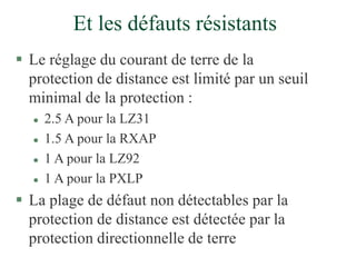 Et les défauts résistants
 Le réglage du courant de terre de la
protection de distance est limité par un seuil
minimal de la protection :
 2.5 A pour la LZ31
 1.5 A pour la RXAP
 1 A pour la LZ92
 1 A pour la PXLP
 La plage de défaut non détectables par la
protection de distance est détectée par la
protection directionnelle de terre
 