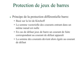 Protection de jeux de barres
 Principe de la protection différentielle barre:
• Basé sur la loi de Kirchoff
• La somme vectorielle des courants entrant dans un
même nœud est nulle
• En cas de défaut jeux de barre un courant de fuite
correspondant au courant de défaut apparaît
• La somme des courants devient alors égale au courant
de défaut
 