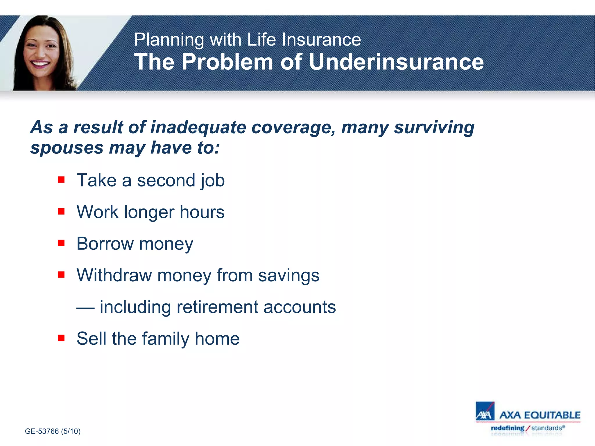 As a result of inadequate coverage, many surviving spouses may have to: Take a second job Work longer hours Borrow money Withdraw money from savings —  including retirement accounts Sell the family home Planning with Life Insurance The Problem of Underinsurance 