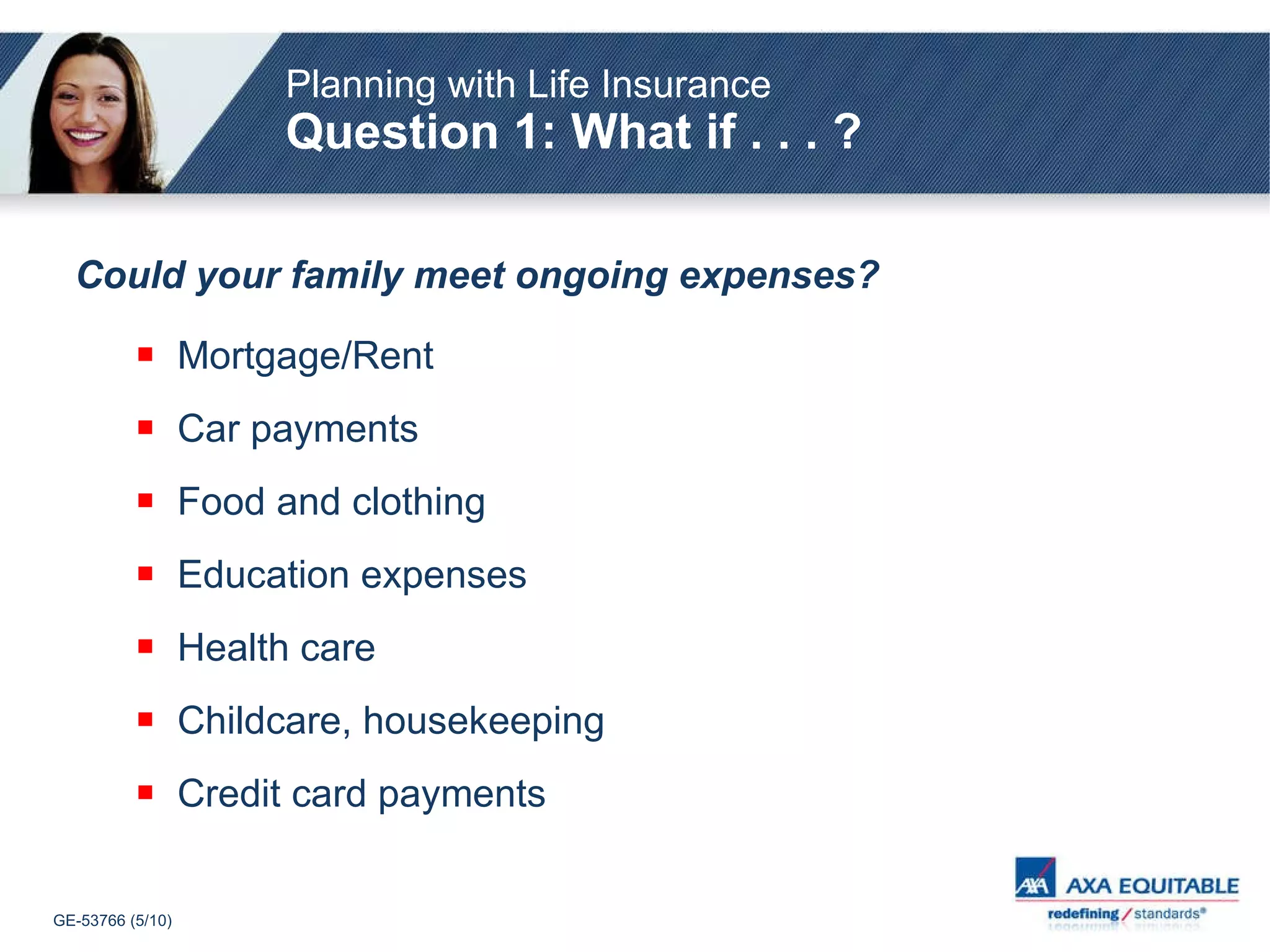 Mortgage/Rent Car payments Food and clothing Education expenses Health care Childcare, housekeeping Credit card payments Could your family meet ongoing expenses? Planning with Life Insurance   Question 1: What if . . . ? 