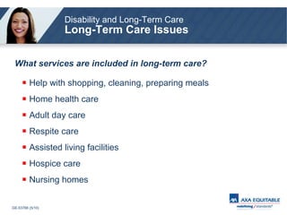 Disability and Long-Term Care Long-Term Care Issues What services are included in long-term care?   Help with shopping, cleaning, preparing meals Home health care Adult day care Respite care Assisted living facilities Hospice care Nursing homes 