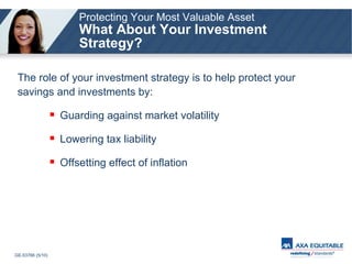 Protecting Your Most Valuable Asset What About Your Investment Strategy? The role of your investment strategy is to help protect your savings and investments by: Guarding against market volatility Lowering tax liability Offsetting effect of inflation 