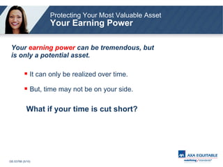 Protecting Your Most Valuable Asset Your Earning Power Your  earning power   can be tremendous, but is only a potential asset. What if your time is cut short? It can only be realized over time. But, time may not be on your side. 