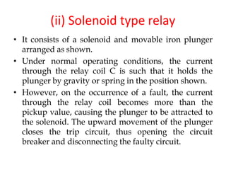 (ii) Solenoid type relay
• It consists of a solenoid and movable iron plunger
arranged as shown.
• Under normal operating conditions, the current
through the relay coil C is such that it holds the
plunger by gravity or spring in the position shown.
• However, on the occurrence of a fault, the current
through the relay coil becomes more than the
pickup value, causing the plunger to be attracted to
the solenoid. The upward movement of the plunger
closes the trip circuit, thus opening the circuit
breaker and disconnecting the faulty circuit.
 