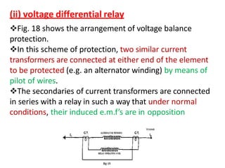 (ii) voltage differential relay
Fig. 18 shows the arrangement of voltage balance
protection.
In this scheme of protection, two similar current
transformers are connected at either end of the element
to be protected (e.g. an alternator winding) by means of
pilot of wires.
The secondaries of current transformers are connected
in series with a relay in such a way that under normal
conditions, their induced e.m.f’s are in opposition
 