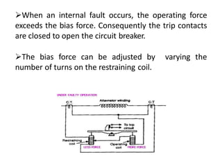 When an internal fault occurs, the operating force
exceeds the bias force. Consequently the trip contacts
are closed to open the circuit breaker.
The bias force can be adjusted by varying the
number of turns on the restraining coil.
 
