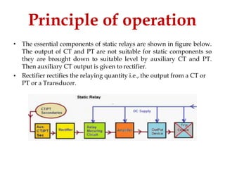 Principle of operation
•
• The essential components of static relays are shown in figure below.
The output of CT and PT are not suitable for static components so
they are brought down to suitable level by auxiliary CT and PT.
Then auxiliary CT output is given to rectifier.
Rectifier rectifies the relaying quantity i.e., the output from a CT or
PT or a Transducer.
 