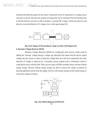 OVERVOLTAGE AND UNDERVOLTAGE PROTECTION AND ITS MITIGATION TECHNIQUES
16
flywheel and efficiency gains for the motor. Connection of the AC generator to a voltage source
converter as shown increases the amount of energy that can be extracted from the flywheel due
to the fact that the converter is able to produce a constant DC voltage, which may then be used
directly or converted back to AC voltage, over a wide speed range [11].
Fig. 2.6.5: Impact of Sun Incidence Angle on Solar Cell Output [12]
6. Dynamic Voltage Restorer (DVR)
Dynamic Voltage Restorers (DVR) are complicated static devices which work by
adding the ‘missing’ voltage during a voltage sag. Basically this means that the device injects
voltage into the system in order to bring the voltage back up to the level required by the load.
Injection of voltage is achieved by a switching system coupled with a transformer which is
connected in series with the load. There are two types of DVRs available; those with and without
energy storage. Devices without energy storage are able to correct the voltage waveform by
drawing additional current from the supply. Devices with energy storage use the stored energy to
correct the voltage waveform.
Fig. 2.6.6: Block Diagram of DVR [13]
MGM's JNEC , A'bad.
 