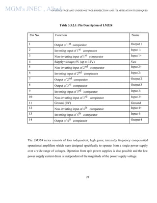 OVERVOLTAGE AND UNDERVOLTAGE PROTECTION AND ITS MITIGATION TECHNIQUES
27
Table 3.3.2.1: Pin Description of LM324
The LM324 series consists of four independent, high gains; internally frequency compensated
operational amplifiers which were designed specifically to operate from a single power supply
over a wide range of voltages. Operation from split power supplies is also possible and the low
power supply current drain is independent of the magnitude of the power supply voltage.
Pin No. Function Name
1 Output of 1st comparator Output 1
2 Inverting input of 1st comparator Input 1-
3 Non-inverting input of 1st comparator Input 1+
4 Supply voltage; 5V (up to 32V) Vcc
5 Non-inverting input of 2nd comparator Input 2+
6 Inverting input of 2nd comparator Input 2-
7 Output of 2nd comparator Output 2
8 Output of 3rd comparator Output 3
9 Inverting input of 3rd comparator Input 3-
10 Non-inverting input of 3rd comparator Input 3+
11 Ground(0V) Ground
12 Non-inverting input of 4th comparator Input 4+
13 Inverting input of 4th comparator Input 4-
14 Output of 4th comparator Output 4
MGM's JNEC , A'bad.
 