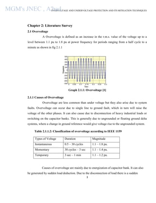 OVERVOLTAGE AND UNDERVOLTAGE PROTECTION AND ITS MITIGATION TECHNIQUES
3
Chapter 2: Literature Survey
2.1 Overvoltage
A Overvoltage is defined as an increase in the r.m.s. value of the voltage up to a
level between 1.1 pu to 1.8 pu at power frequency for periods ranging from a half cycle to a
minute as shown in fig 2.1.1
Graph 2.1.1: Overvoltage [1]
2.1.1 Causes of Overvoltage
Overvoltage are less common than under voltage but they also arise due to system
faults. Overvoltage can occur due to single line to ground fault, which in turn will raise the
voltage of the other phases. It can also cause due to disconnection of heavy industrial loads or
switching on the capacitor banks. This is generally due to ungrounded or floating ground delta
systems, where a change in ground reference would give voltage rise to the ungrounded system.
Table 2.1.1.2: Classification of overvoltage according to IEEE 1159
Types of Voltage Duration Magnitude
Instantaneous 0.5 – 30 cycles 1.1 – 1.8 pu.
Momentary 30 cycles – 3 sec 1.1 – 1.4 pu.
Temporary 3 sec – 1 min 1.1 – 1.2 pu.
Causes of overvoltage are mainly due to energization of capacitor bank. It can also
be generated by sudden load deduction. Due to the disconnection of load there is a sudden
MGM's JNEC , A'bad.
 