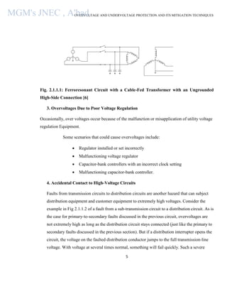 OVERVOLTAGE AND UNDERVOLTAGE PROTECTION AND ITS MITIGATION TECHNIQUES
5
Fig. 2.1.1.1: Ferroresonant Circuit with a Cable-Fed Transformer with an Ungrounded
High-Side Connection [6]
3. Overvoltages Due to Poor Voltage Regulation
Occasionally, over voltages occur because of the malfunction or misapplication of utility voltage
regulation Equipment.
Some scenarios that could cause overvoltages include:
 Regulator installed or set incorrectly
 Malfunctioning voltage regulator
 Capacitor-bank controllers with an incorrect clock setting
 Malfunctioning capacitor-bank controller.
4. Accidental Contact to High-Voltage Circuits
Faults from transmission circuits to distribution circuits are another hazard that can subject
distribution equipment and customer equipment to extremely high voltages. Consider the
example in Fig 2.1.1.2 of a fault from a sub-transmission circuit to a distribution circuit. As is
the case for primary-to-secondary faults discussed in the previous circuit, overvoltages are
not extremely high as long as the distribution circuit stays connected (just like the primary to
secondary faults discussed in the previous section). But if a distribution interrupter opens the
circuit, the voltage on the faulted distribution conductor jumps to the full transmission-line
voltage. With voltage at several times normal, something will fail quickly. Such a severe
MGM's JNEC , A'bad.
 