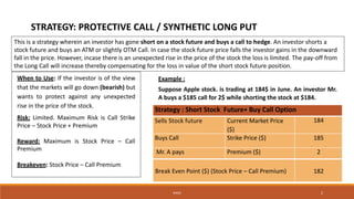 STRATEGY: PROTECTIVE CALL / SYNTHETIC LONG PUT
This is a strategy wherein an investor has gone short on a stock future and buys a call to hedge. An investor shorts a
stock future and buys an ATM or slightly OTM Call. In case the stock future price falls the investor gains in the downward
fall in the price. However, incase there is an unexpected rise in the price of the stock the loss is limited. The pay-off from
the Long Call will increase thereby compensating for the loss in value of the short stock future position.
When to Use: If the investor is of the view
that the markets will go down (bearish) but
wants to protect against any unexpected
rise in the price of the stock.
Risk: Limited. Maximum Risk is Call Strike
Price C Stock Price + Premium
Reward: Maximum is Stock Price C Call
Premium
Breakeven: Stock Price C Call Premium
Example :
Suppose Apple stock. is trading at 184$ in June. An investor Mr.
A buys a $185 call for 2$ while shorting the stock at $184.
Strategy : Short Stock Future+ Buy Call Option
Sells Stock future Current Market Price
($)
184
Buys Call Strike Price ($) 185
Mr. A pays Premium ($) 2
Break Even Point ($) (Stock Price C Call Premium) 182
NAGA 2
 