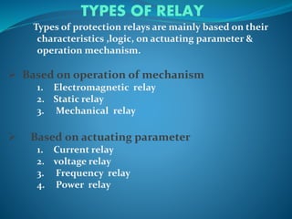 TYPES OF RELAY
Types of protection relays are mainly based on their
characteristics ,logic, on actuating parameter &
operation mechanism.
 Based on operation of mechanism
1. Electromagnetic relay
2. Static relay
3. Mechanical relay
 Based on actuating parameter
1. Current relay
2. voltage relay
3. Frequency relay
4. Power relay
 