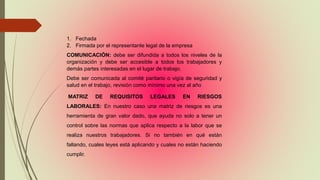1. Fechada
2. Firmada por el representante legal de la empresa
COMUNICACIÓN: debe ser difundida a todos los niveles de la
organización y debe ser accesible a todos los trabajadores y
demás partes interesadas en el lugar de trabajo.
Debe ser comunicada al comité paritario o vigía de seguridad y
salud en el trabajo, revisión como mínimo una vez al año
MATRIZ DE REQUISITOS LEGALES EN RIESGOS
LABORALES: En nuestro caso una matriz de riesgos es una
herramienta de gran valor dado, que ayuda no solo a tener un
control sobre las normas que aplica respecto a la labor que se
realiza nuestros trabajadores. Si no también en qué están
fallando, cuales leyes está aplicando y cuales no están haciendo
cumplir.
 