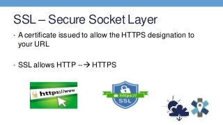SSL – Secure Socket Layer
• A certificate issued to allow the HTTPS designation to
your URL
• SSL allows HTTP -- HTTPS
 