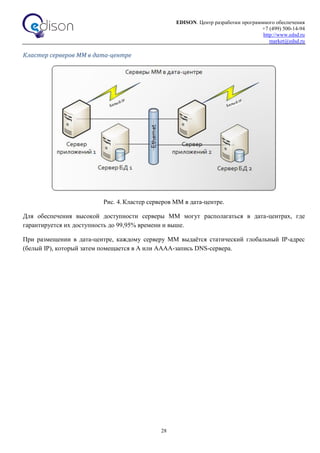 EDISON. Центр разработки программного обеспечения
+7 (499) 500-14-94
http://www.edsd.ru
market@edsd.ru
28
Кластер серверов ММ в дата-центре
Рис. 4. Кластер серверов ММ в дата-центре.
Для обеспечения высокой доступности серверы ММ могут располагаться в дата-центрах, где
гарантируется их доступность до 99,95% времени и выше.
При размещении в дата-центре, каждому серверу ММ выдаётся статический глобальный IP-адрес
(белый IP), который затем помещается в А или AAAA-запись DNS-сервера.
 