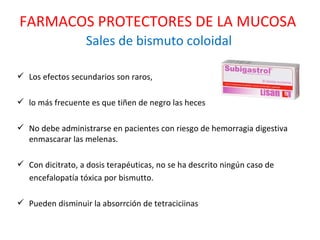 Sales de bismuto coloidal Los efectos secundarios son raros, lo más frecuente es que tiñen de negro las heces No debe administrarse en pacientes con riesgo de hemorragia digestiva enmascarar las melenas. Con dicitrato, a dosis terapéuticas, no se ha descrito ningún caso de encefalopatía tóxica por bismutto. Pueden disminuir la absorrción de tetraciciinas FARMACOS PROTECTORES DE LA MUCOSA 