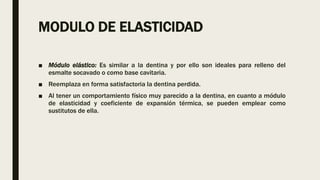 MODULO DE ELASTICIDAD
■ Módulo elástico: Es similar a la dentina y por ello son ideales para relleno del
esmalte socavado o como base cavitaria.
■ Reemplaza en forma satisfactoria la dentina perdida.
■ Al tener un comportamiento físico muy parecido a la dentina, en cuanto a módulo
de elasticidad y coeficiente de expansión térmica, se pueden emplear como
sustitutos de ella.
 