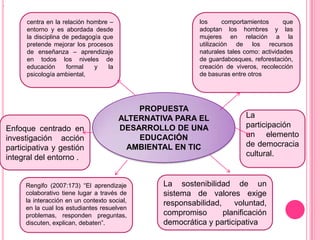 .


          centra en la relación hombre –                       los      comportamientos      que
          entorno y es abordada desde                          adoptan los hombres y las
          la disciplina de pedagogía que                       mujeres en relación a la
          pretende mejorar los procesos                        utilización de los recursos
          de enseñanza – aprendizaje                           naturales tales como: actividades
          en todos los niveles de                              de guardabosques, reforestación,
          educación      formal   y    la                      creación de viveros, recolección
          psicología ambiental,                                de basuras entre otros




                                                PROPUESTA
                                            ALTERNATIVA PARA EL                La
    Enfoque centrado en                     DESARROLLO DE UNA                  participación
    investigación acción                        EDUCACIÓN                      un elemento
    participativa y gestión                   AMBIENTAL EN TIC                 de democracia
    integral del entorno .                                                     cultural.


         Rengifo (2007:173) “El aprendizaje          La sostenibilidad de un
         colaborativo tiene lugar a través de        sistema de valores exige
         la interacción en un contexto social,       responsabilidad,    voluntad,
         en la cual los estudiantes resuelven
         problemas, responden preguntas,             compromiso       planificación
         discuten, explican, debaten”.               democrática y participativa
 
