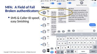 Copyright © 2020 Trogdor Heavy Industries – All Rights Reserved
SMS & Caller ID spoof,
easy Smishing
MFA: A Field of Fail
Broken authenticators: Human Factor
 